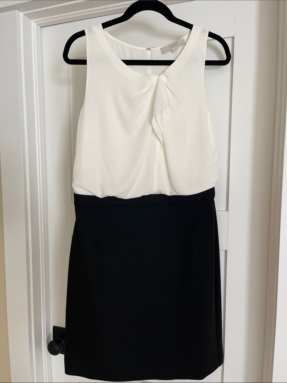 LOFT Black and White Sleeveless Sheath Dress with Front Twist